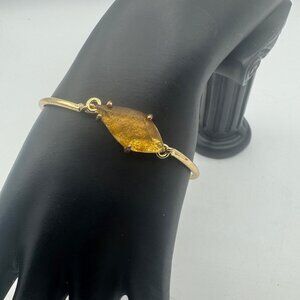 Gold Plated Bangle Bracelet With Geometric Amber Resin Centerpiece & Clasp